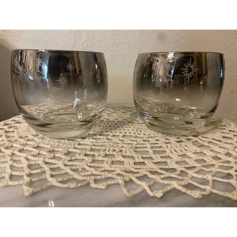 Mid Century Vintage Silver Fade Atomic Starburst Roly Poly Glasses - Pair of 2